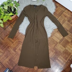Olive Khaki Button-Up Dress Ribbed Cardigan